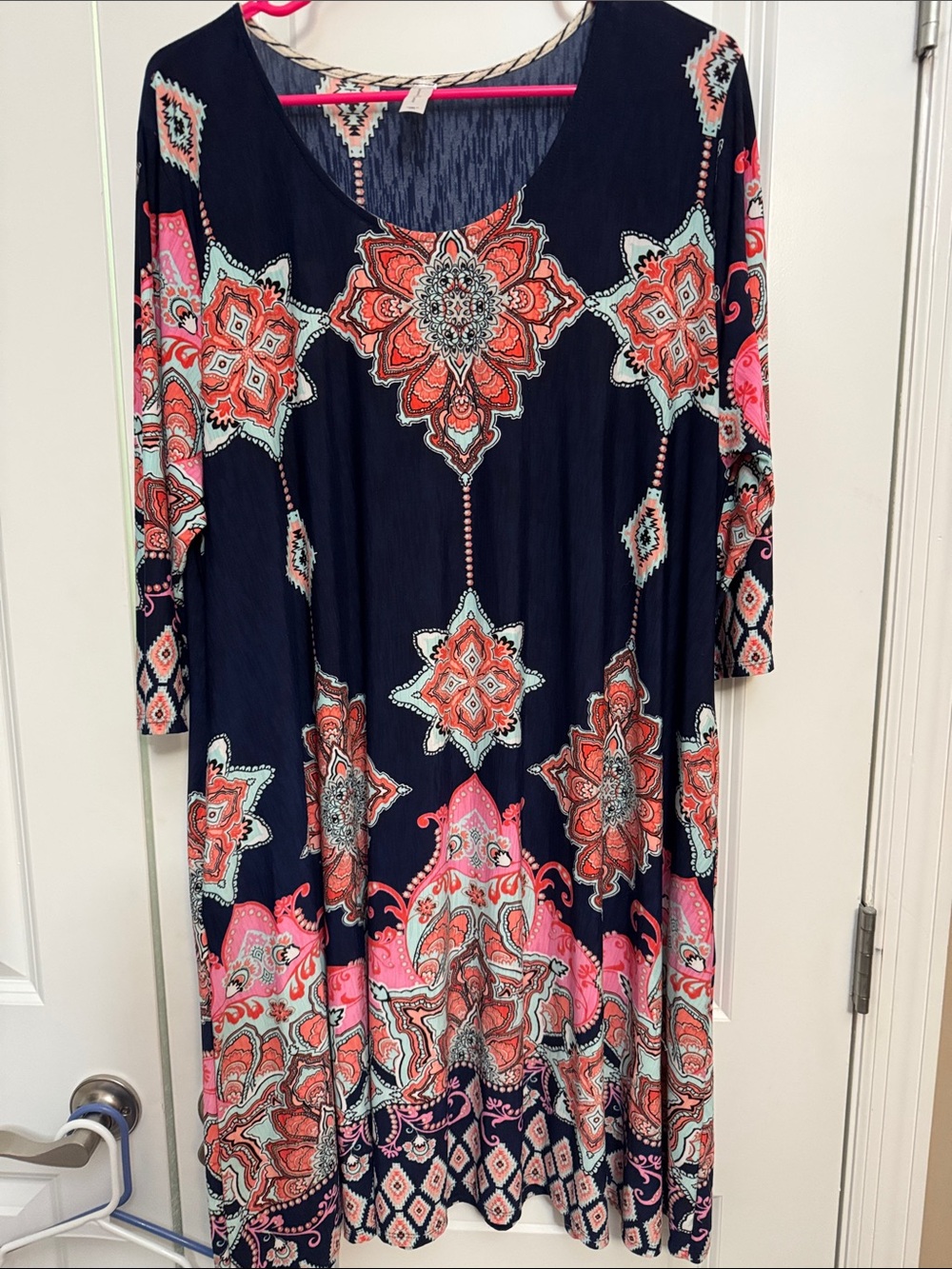 Women's Navy Floral Medallion Print Dress - Pink & Coral Accents